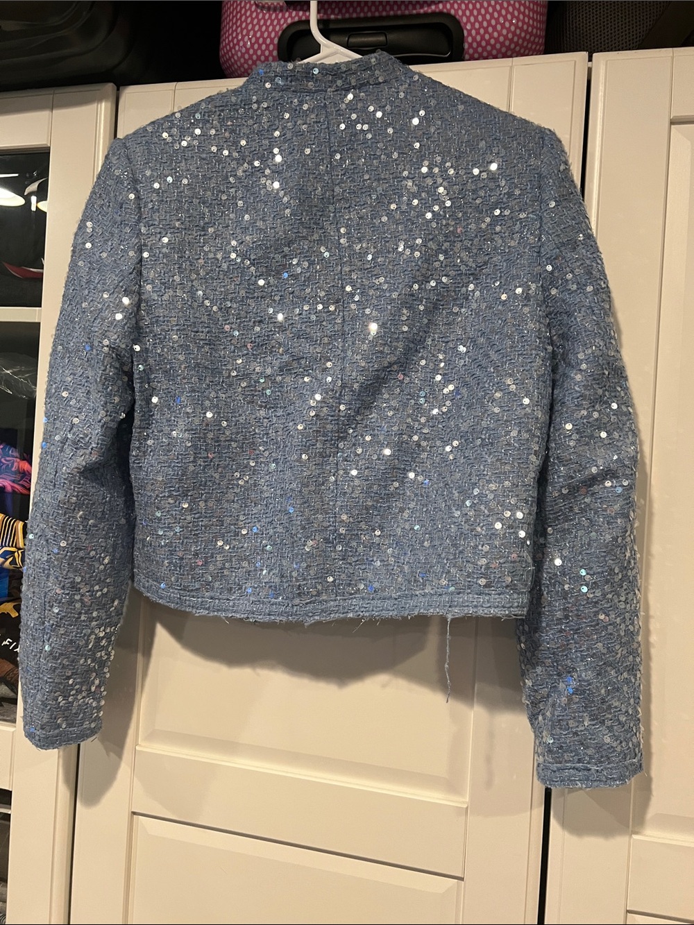 ZARA Light Blue Sequin Tweed Cropped Blazer - Picture 3 of 6